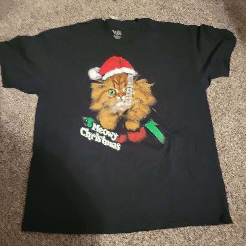 Classic Teaze Black Meowy Christmas Cat with Santa Hat T-Shirt sz XL